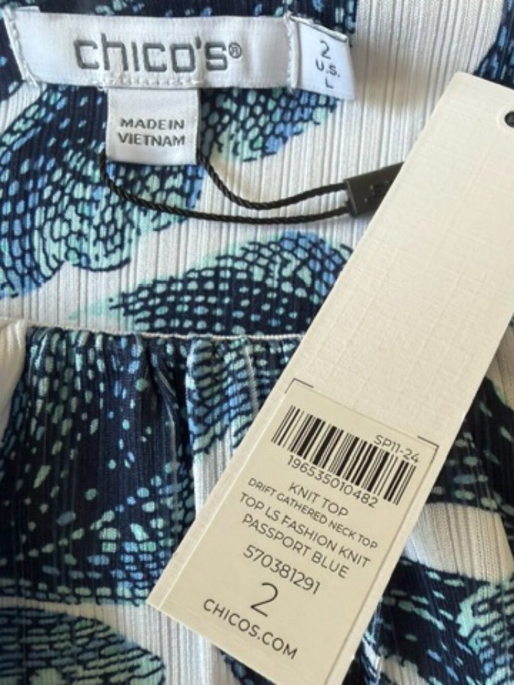 NWT Chico's Drift Gathered Neck Long Sleeve Blue Top Size 2/Large Classic Casual - Picture 6 of 10